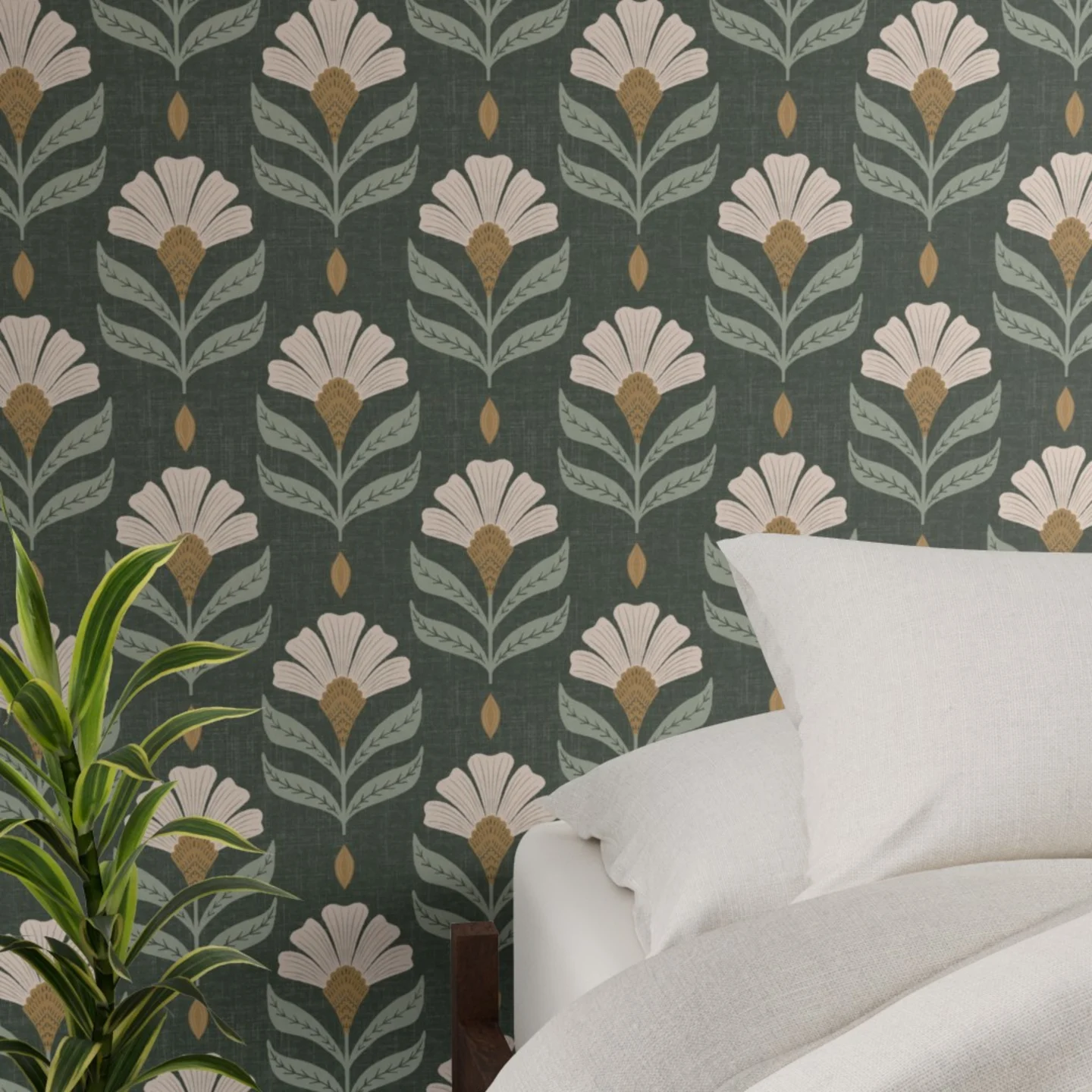 Bedroom with wallpaper in medium - Chiara - rustic green by scarlet_soleil.