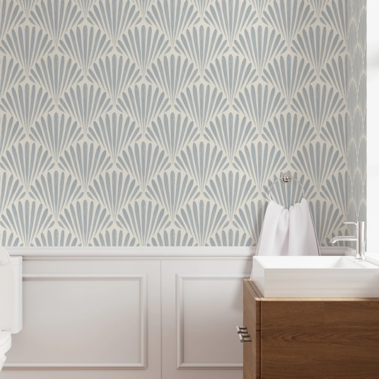 Bathroom with sea shell printed wallpaper