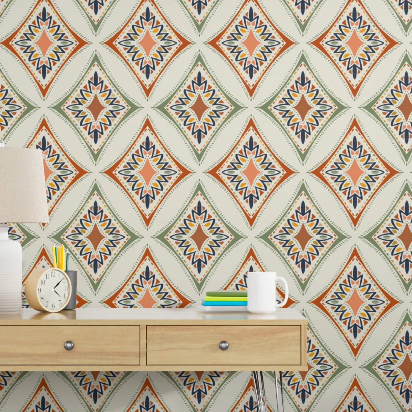 Desk with bohemian geometric wallpaper.