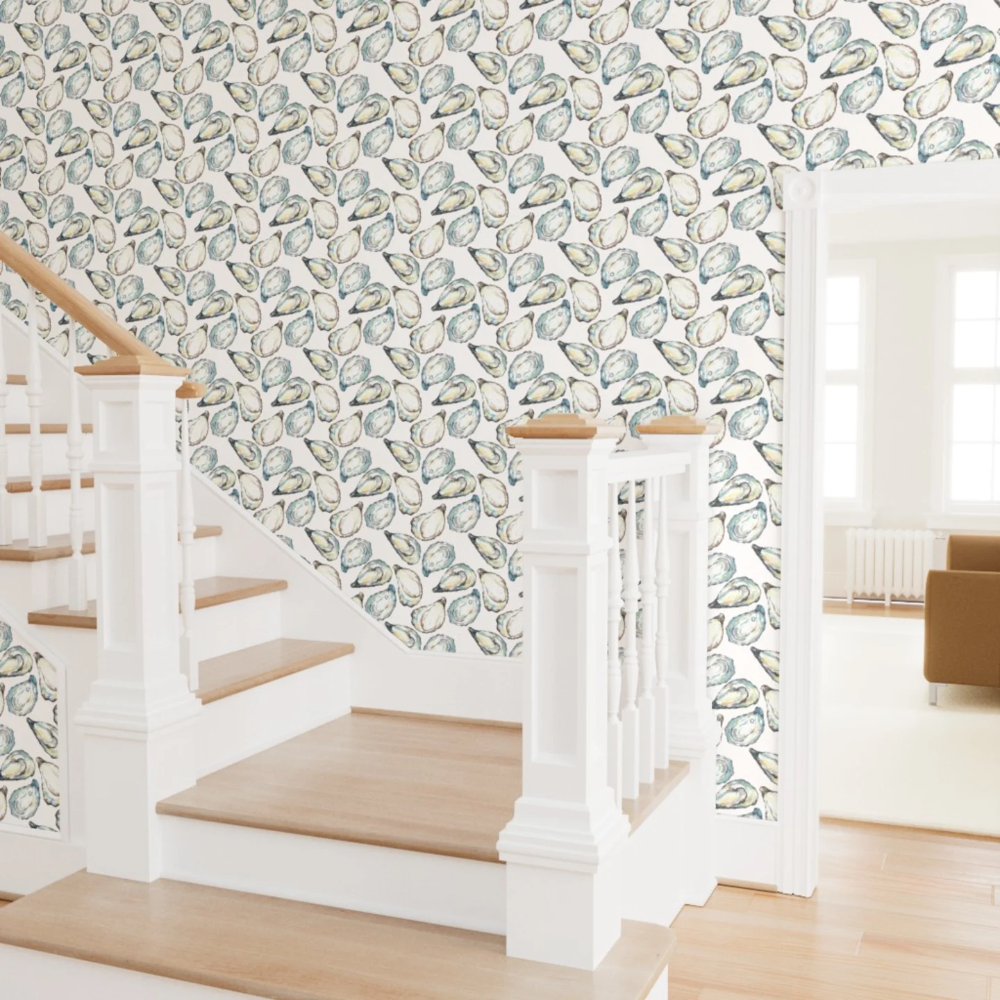 Entryway stairs with oyster wallpaper.
