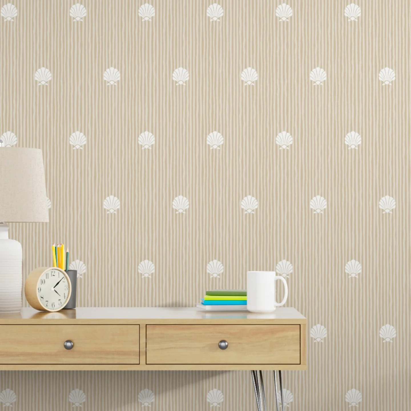 Office with tan striped seashell wallpaper.