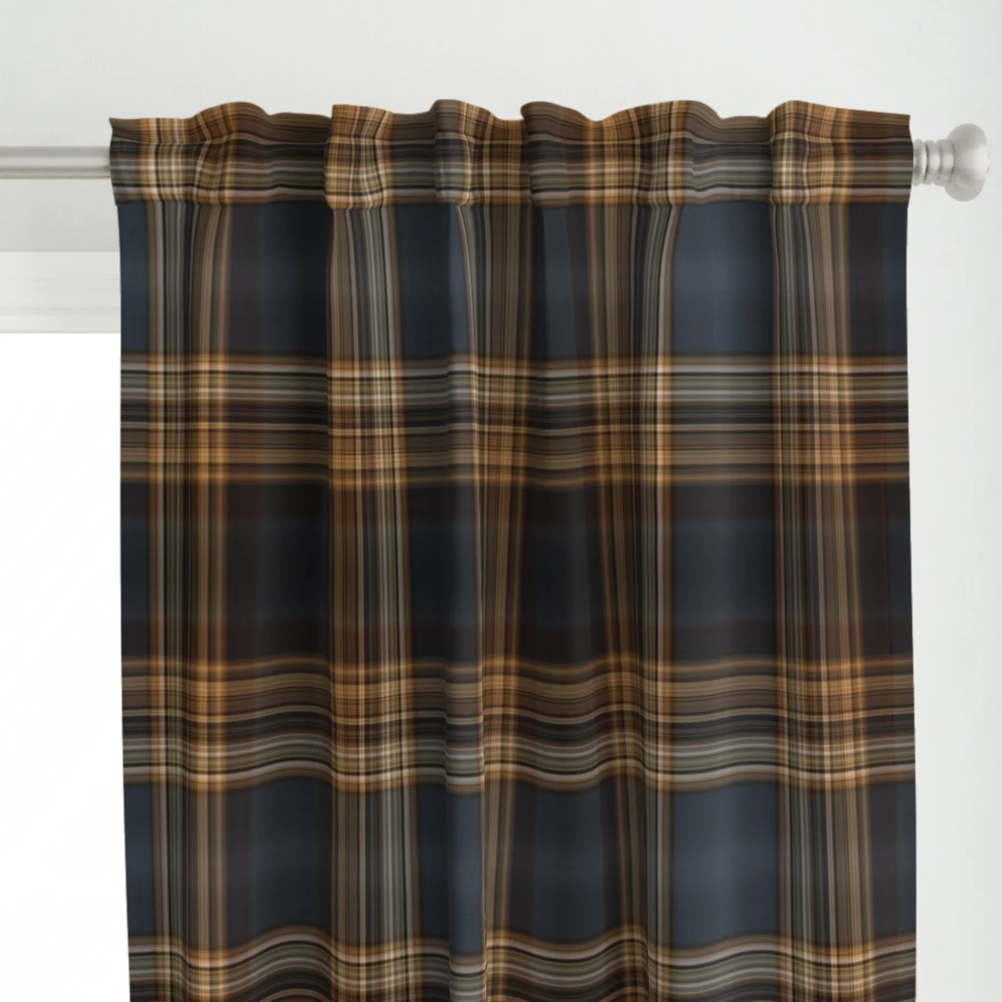Curtain in Dark Blue and Brown Fine Line Plaid  by Spoonflower artist northern_whimsy.
