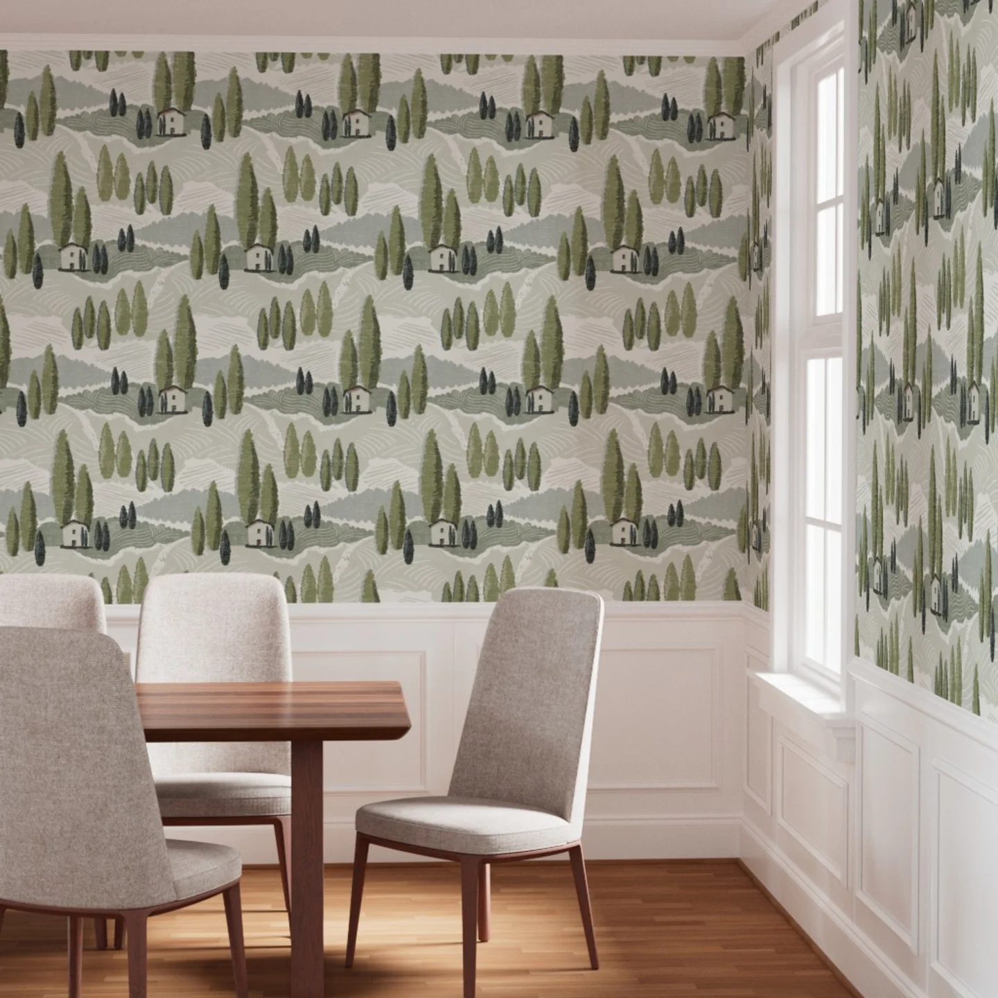 Dining room with wallpaper in Italian Cypress Landscape by nancy_bradham.