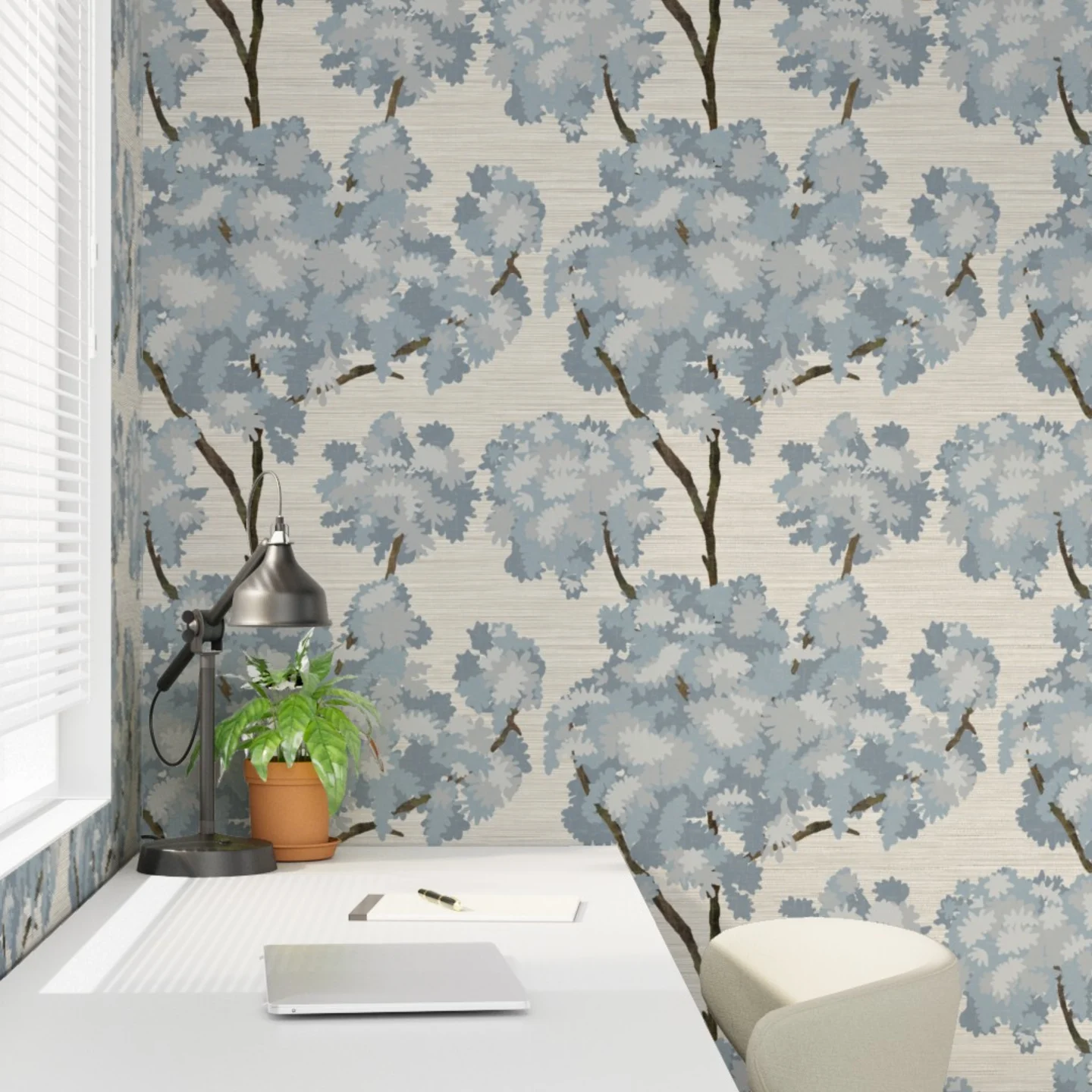 Home office with Wallpaper in Grasscloth-Ernesto Blue Trees by cherylgrahamdesigns.