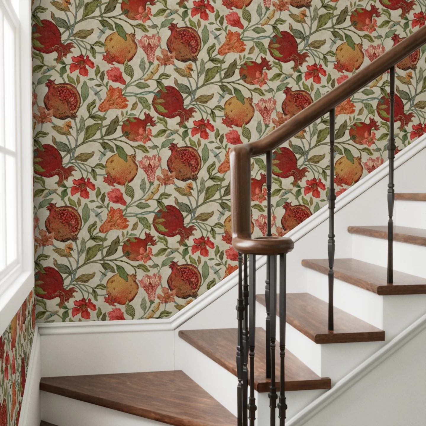 Entryway with wallpaper in Pomegranates Fresco Rustica by silver_steer_design.
