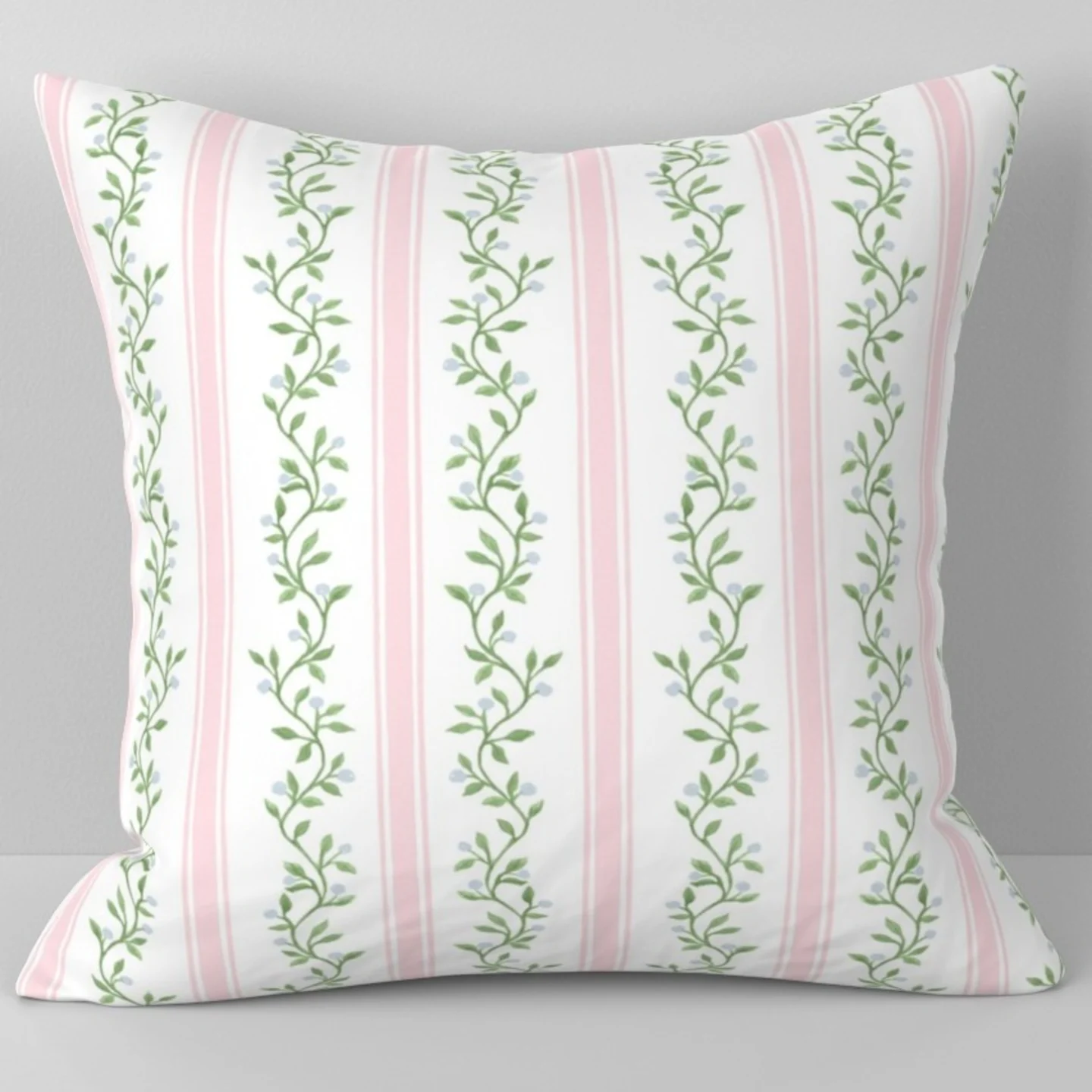 Throw Pillow in Libby Stripe Pale Pink and Blue Buds design by danika_herrick.