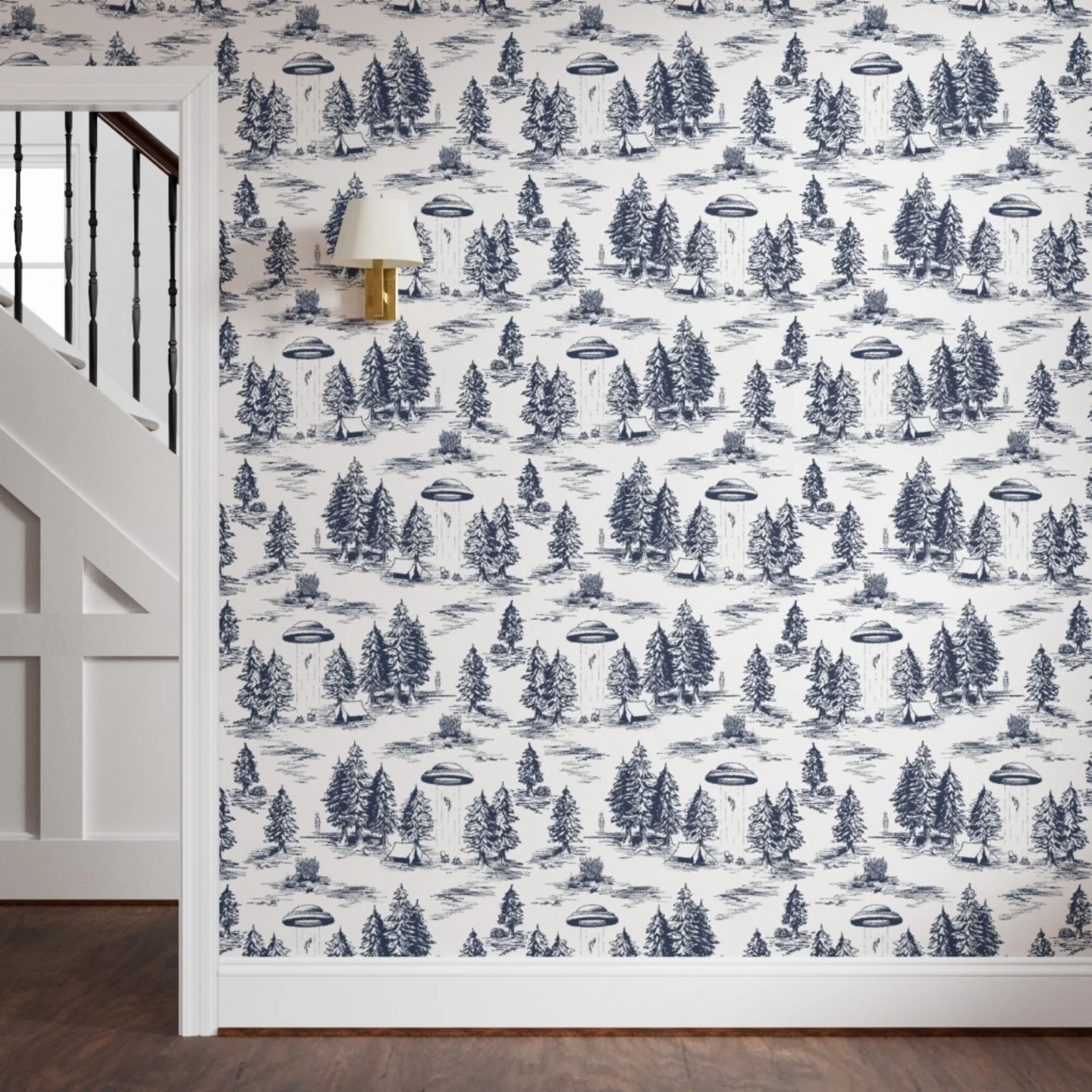 Alien abduction toile printed wallpaper on a wall.