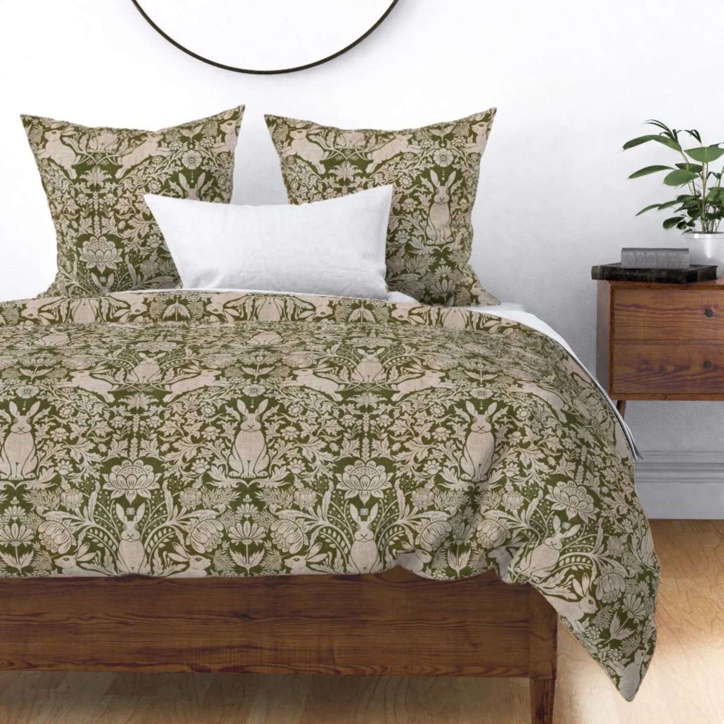 Duvet cover in Modern damask/year of the rabbit/textured/olive green design by rumanajdesigns.