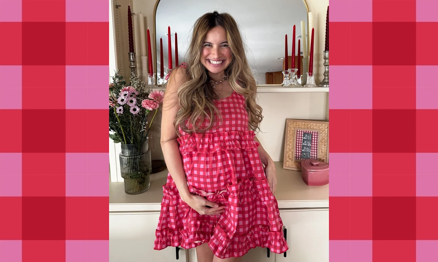 image of woman in pink and red dress.