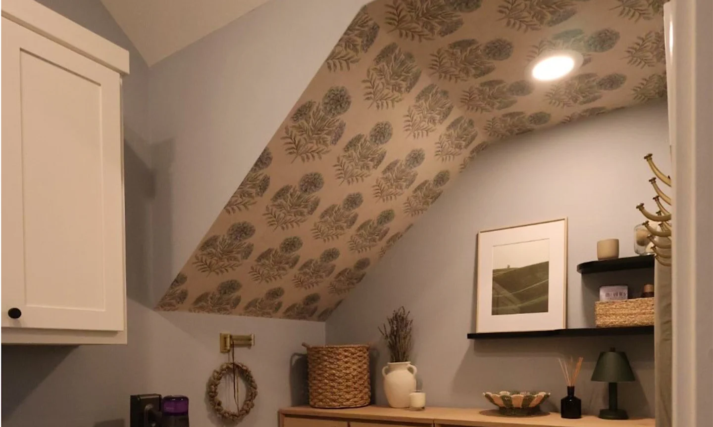 Laundry room with wallpaper in Marigold - extra large - dusty blue and sage green by byre_wilde.