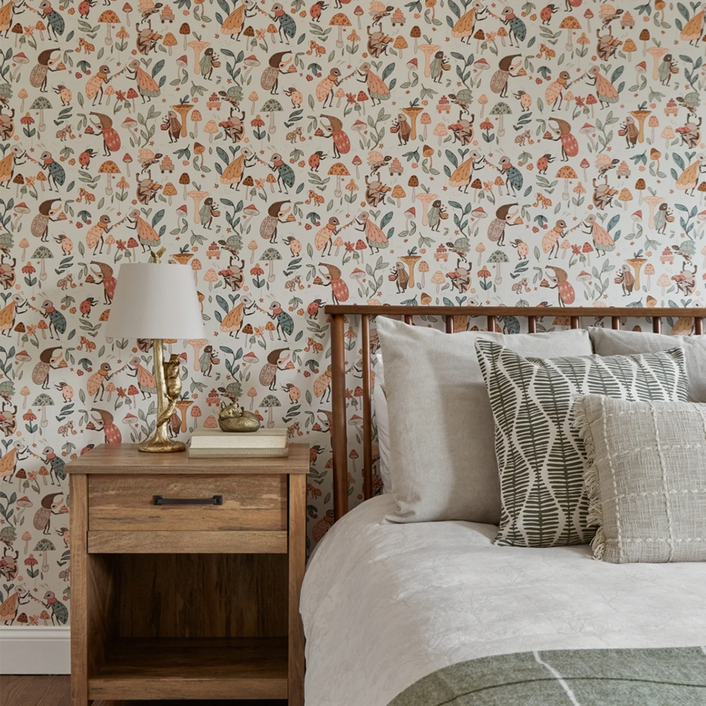 Bedroom with insect-party wallpaper