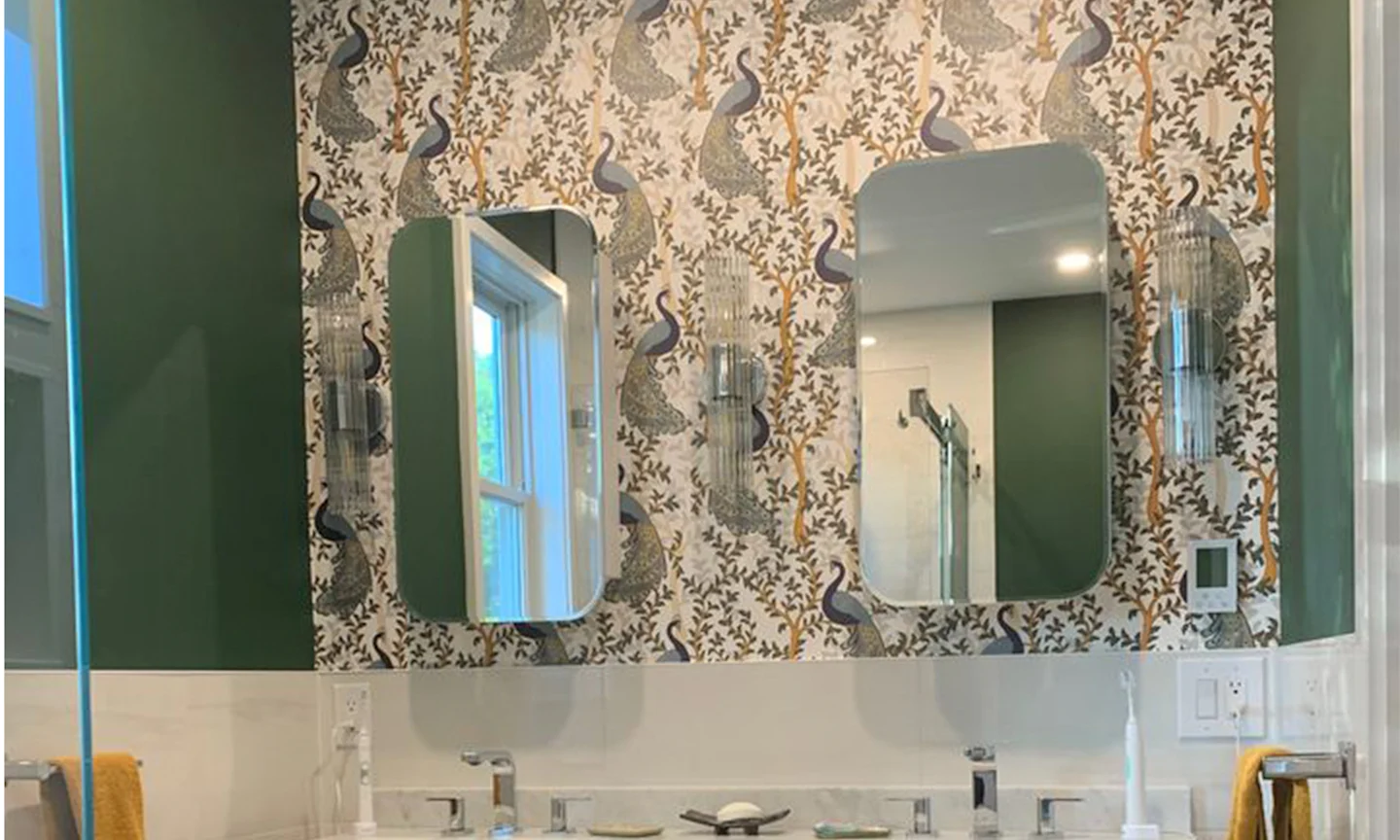 Bathroom with peacock fresco wallpaper.
