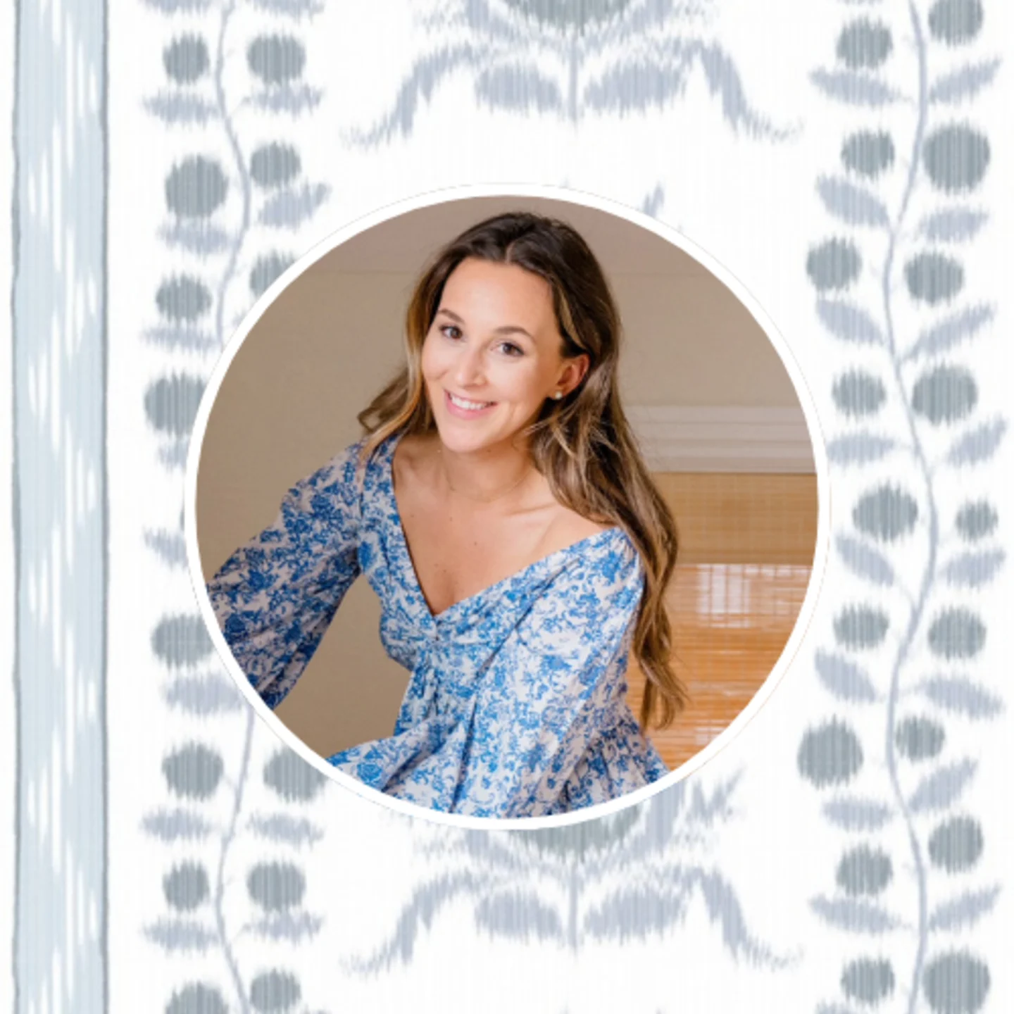 Headshot of Greer Gagnier of  Home on Broad with an ikat floral stripe design.