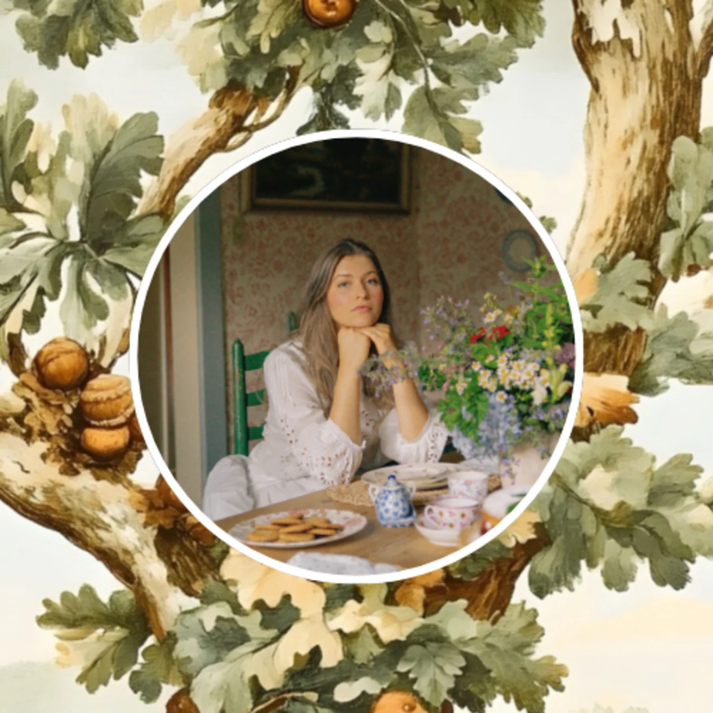Headshot of Margo Roth behind an oak tree design.